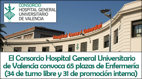 El Consorcio Hospital General Universitario de Valencia convoca 65 plazas de Enfermería (34 de turno libre y 31 de promoción interna)